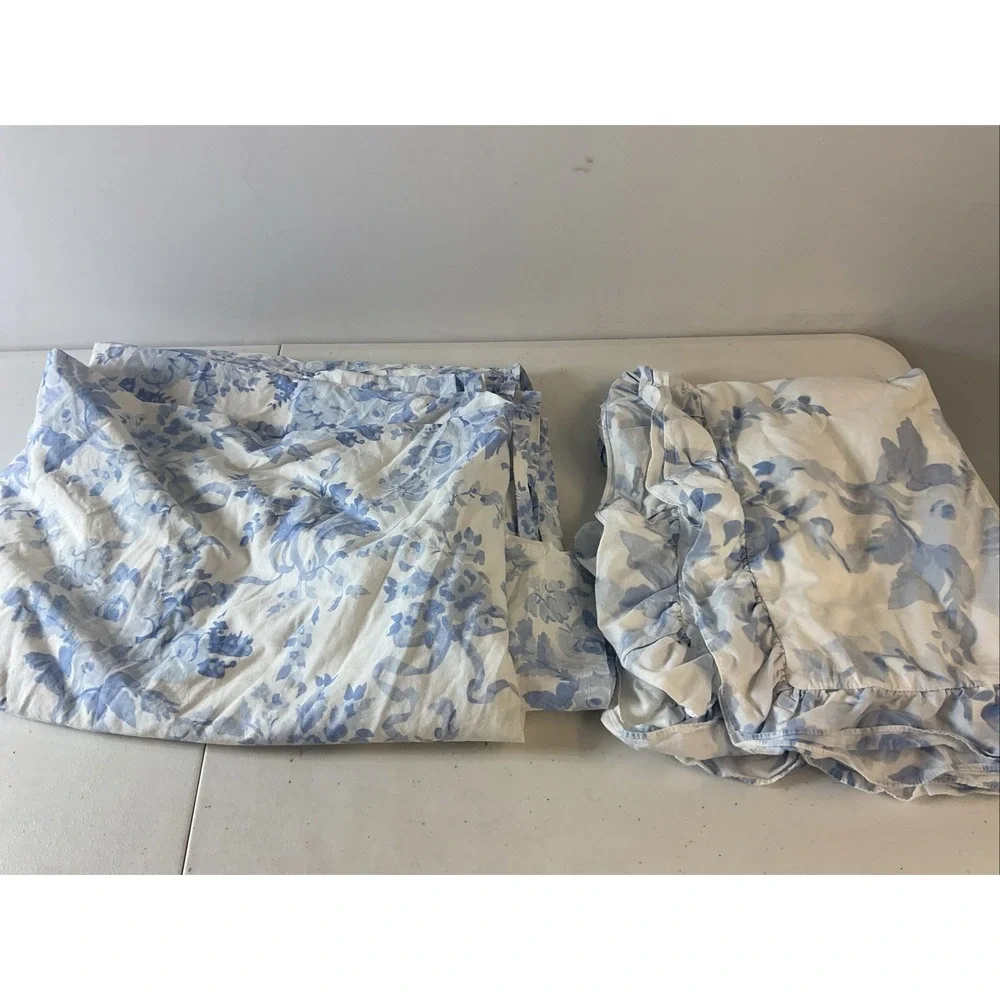Pottery Barn LoveShackFancy Garden Damask‎ Organic Flat Sheet /case Twin XL Blue